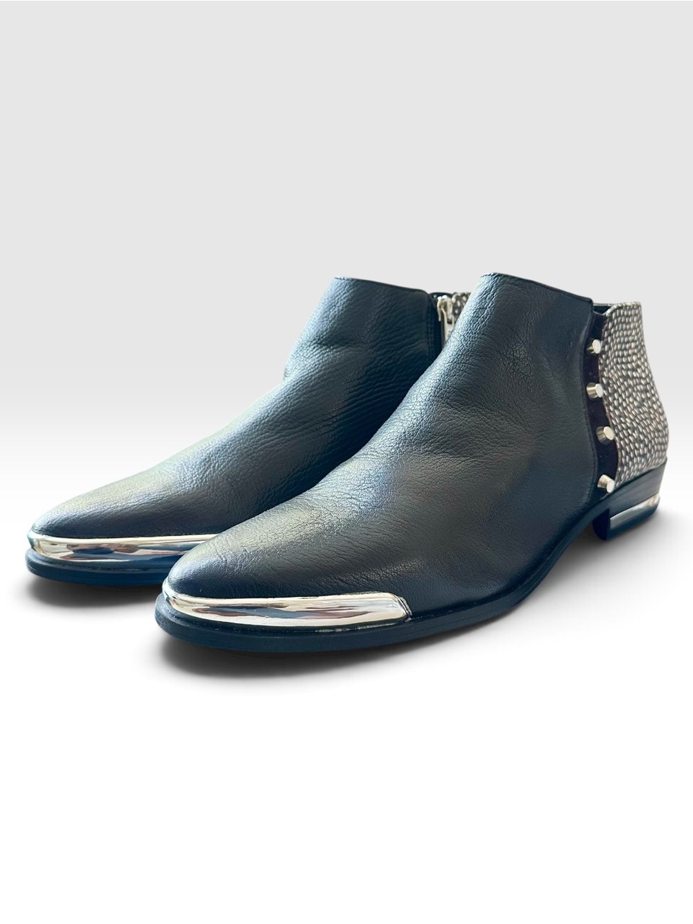 Indigo Black Leather Chukka Boots with Silver Metallic Toe & Stud Accent